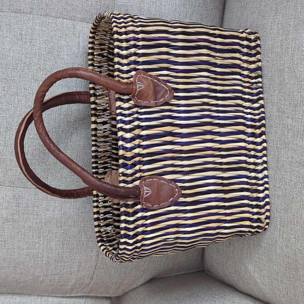 Summer Navy/Brown Two Handled Raffia Tote